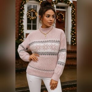Fair Isle Snowflake Mock Neck Color Sweater Long Sleeve Holiday Retro Knit Top
